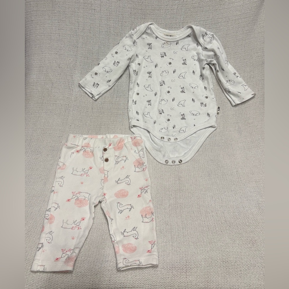 Rabbit +Bear- Baby Outfit Set - Gray and Pink
